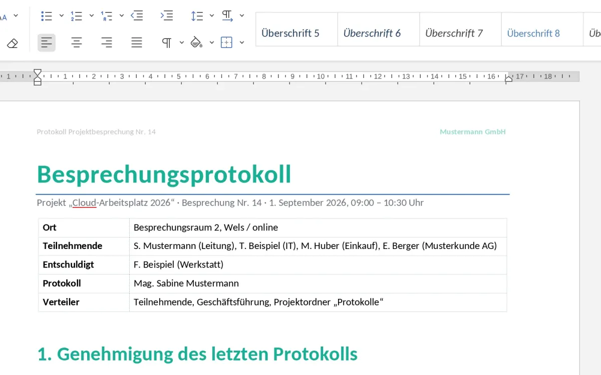 EuroOffice zeigt ein Besprechungsprotokoll mit Überschriftenformaten und einer Tabelle.