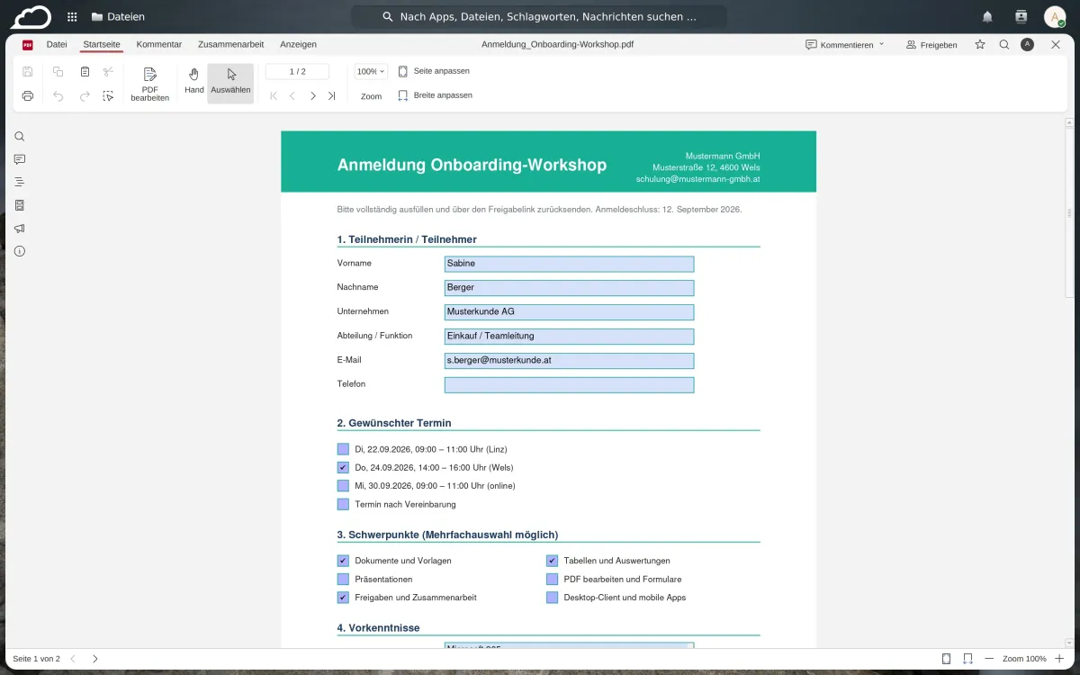 EuroOffice zeigt ein PDF-Anmeldeformular mit ausgefüllten Feldern und Terminliste.