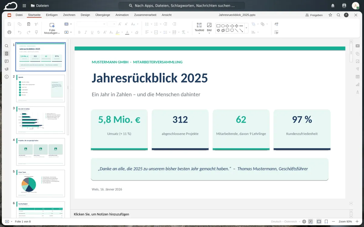 EuroOffice zeigt eine Präsentationsfolie „Jahresrückblick 2025“ mit Kennzahlen und Diagramm.