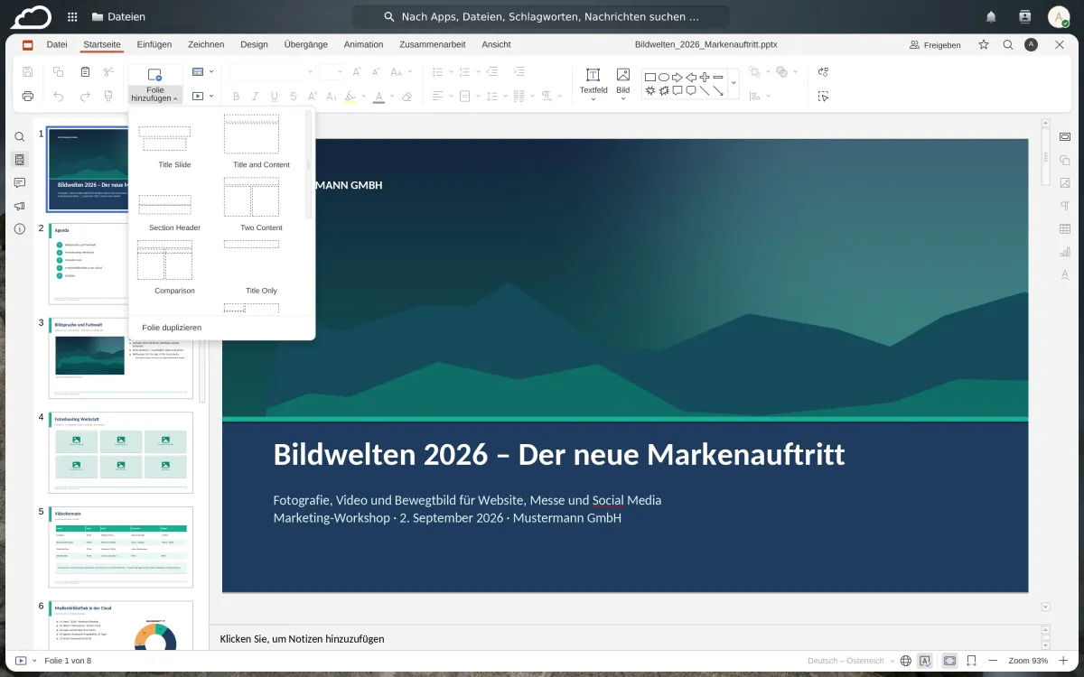 EuroOffice Present im Browser: Präsentation mit Folienübersicht, Masterlayouts und Notizbereich