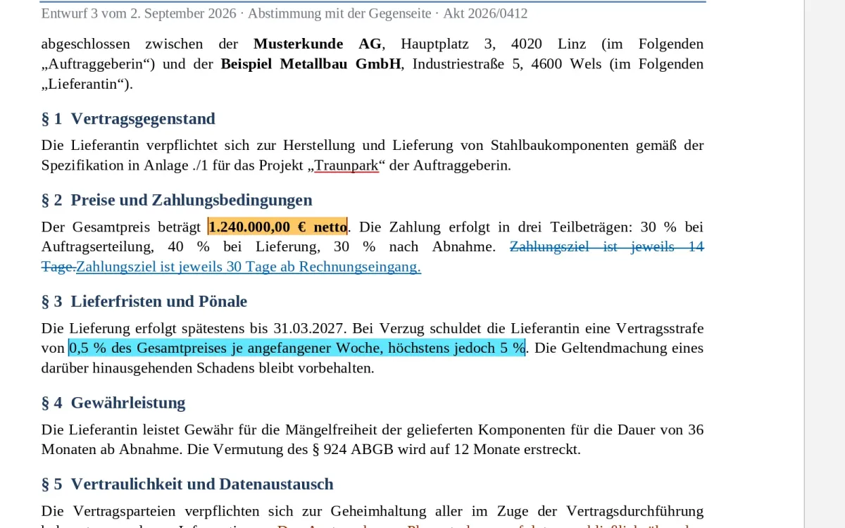 EuroOffice zeigt einen Vertragsentwurf mit farbig hervorgehobenen Änderungen und Streichungen.