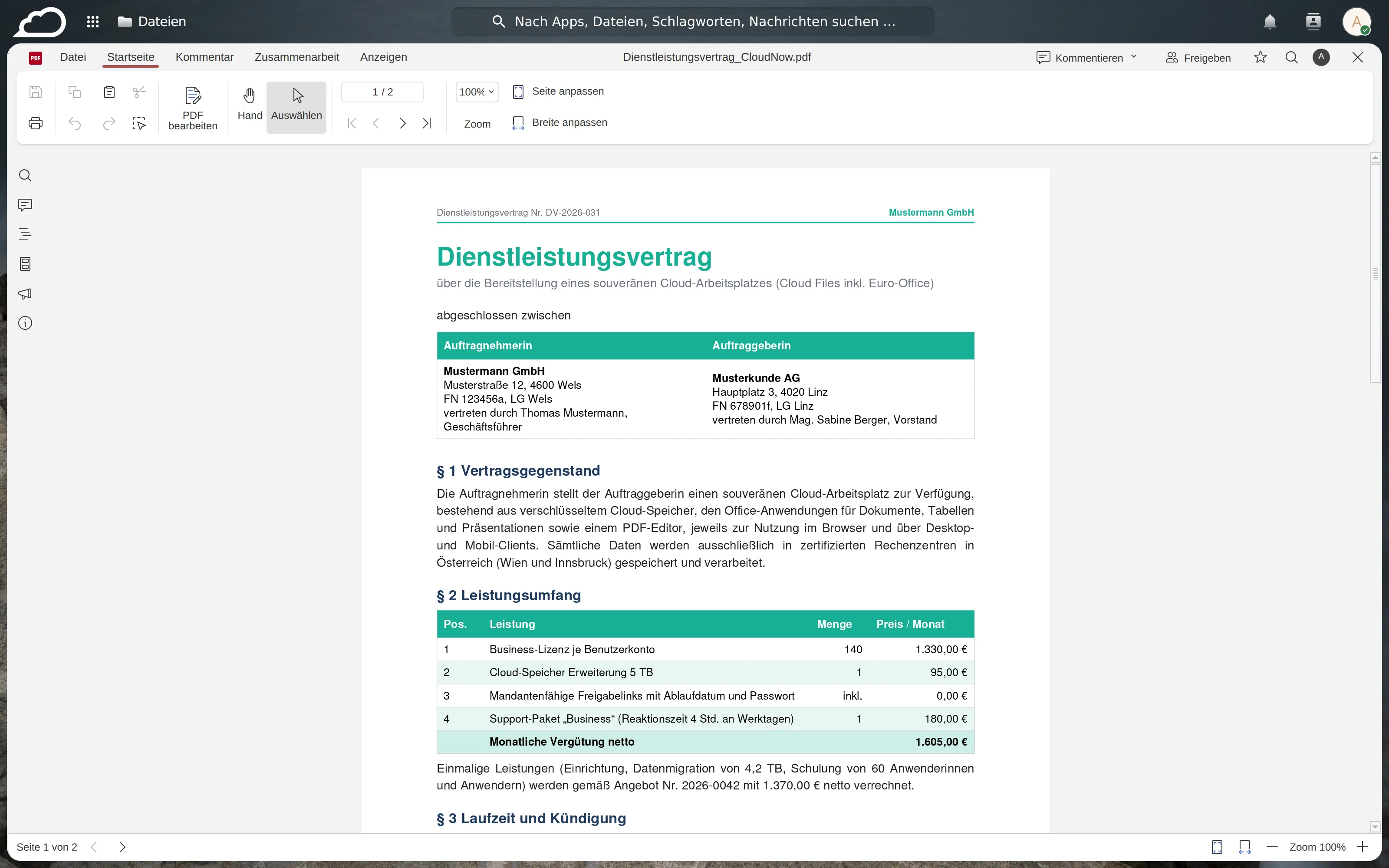 PDF-Editor in CloudFiles (EuroOffice)