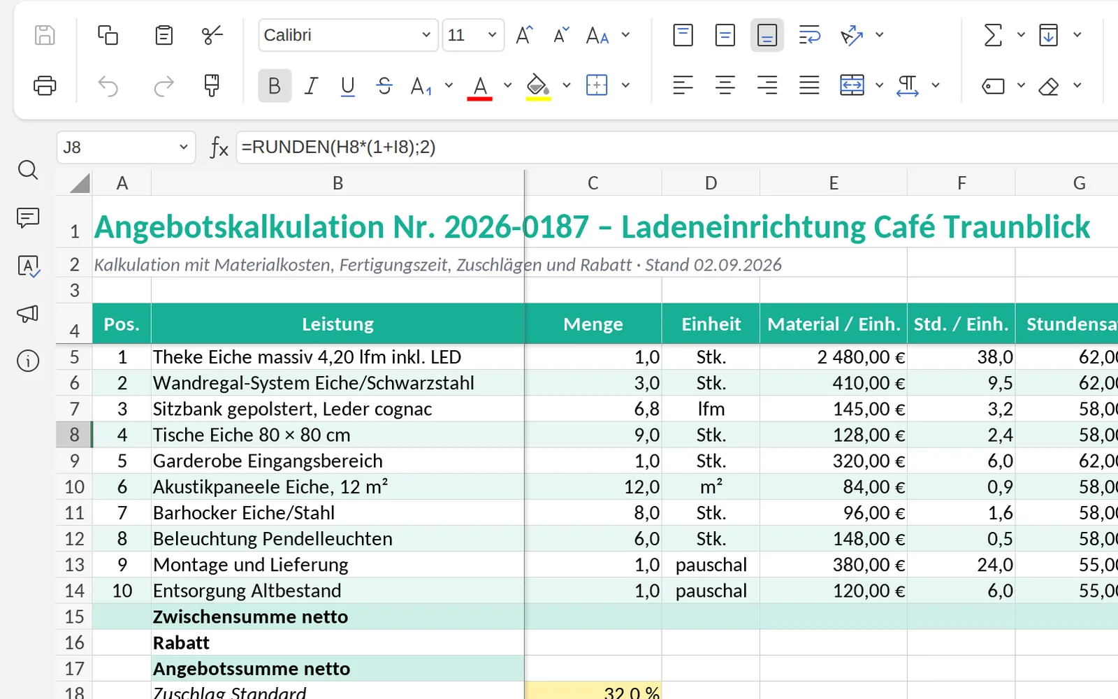 Vertraute Bedienelemente in Tabellen